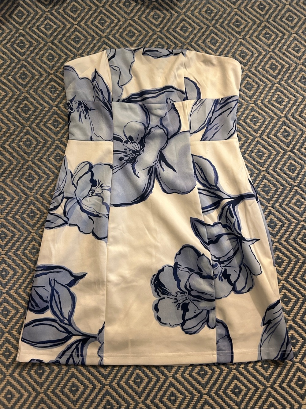 NOT LoveShackFancy White Strapless Dress with Blue Floral Print